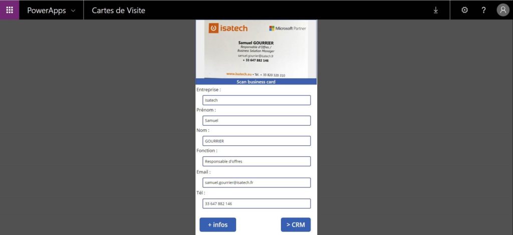 powerapps exemple carte de visite